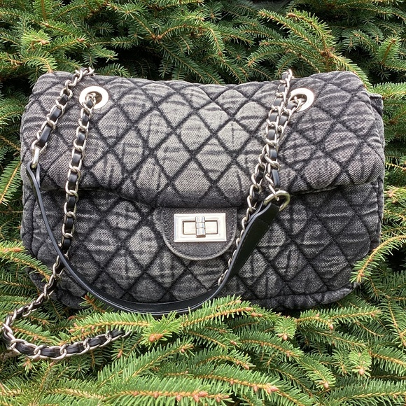 Black Acid Washed Denim Flap Top Handbag - Picture 1 of 9